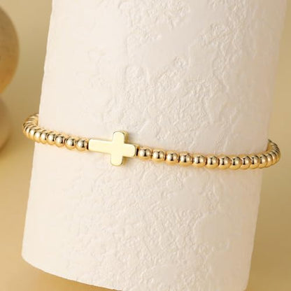 GINAZAL Gold Bead Bracelet for Women, Hypoallergenic Fade-Resistant | Brass | 14K Gold |Cubic Zirconia - color: Cross