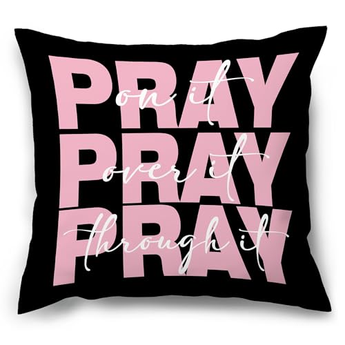 Pink and Black Christian Decorative Throw Pillow Covers, Bible Verse Scripture Pillows Covers, Pray on It Over It Through It Pillow Cases Decor for Prayer Room Dorm Couch Bedroom 18x18in - color: Black&pink