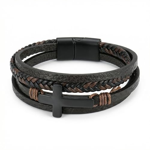Mens Cuff Cross Bracelet Multi-Layer Braided Leather Cross Bracelet for Religious Bangle Wristband Faith Christian Jewelry for Men Teen - color: B.Brown, size: 8.3in(21~21.5cm, Fits most wrists)