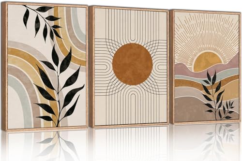 HPINUB Boho Framed Canvas Wall Art Prints, Set of 3 Mid Century Modern Wall Decor, Nature Plants Desert Sun Art Paintings, Bohemian Artwork for Living Room, Bedroom, Dining Room, Office - 24"x36"x3 - color: Nature Boho Wall Art, size: 24"L x 36"W