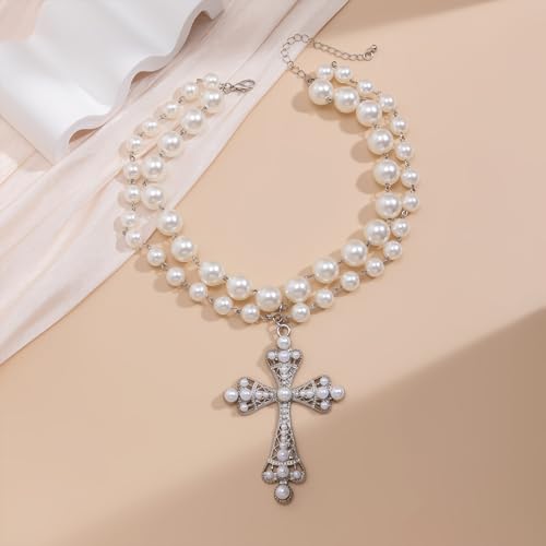 Pearl Cross Necklace Big Cross Pendants Necklaces for Women Chunky Pearl Necklace Gothic Cross Necklace Punk Vintage Cross Jewelry Women - style: Silver 02