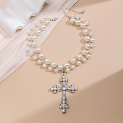 Pearl Cross Necklace Big Cross Pendants Necklaces for Women Chunky Pearl Necklace Gothic Cross Necklace Punk Vintage Cross Jewelry Women - style: Silver 02
