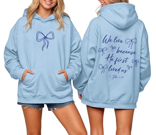 Christian Bow Hoodies for Women Cute Bow Print Sweatshirt Bible Verse Graphic Hoodie Religious Pullover Sweatshirts - color: Blue, size: Small