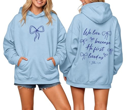 Christian Bow Hoodies for Women Cute Bow Print Sweatshirt Bible Verse Graphic Hoodie Religious Pullover Sweatshirts - color: Blue, size: X-Large