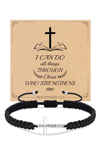 Christian Gifts Cross Bracelet for Men Easter Baptism Religious Gifts for Women Handmade Braided Bracelets Inspirational Confirmation Gifts for Teenage Girl Boys Jewelry - color: Silver, style: PHILIPPIANS 4:13
