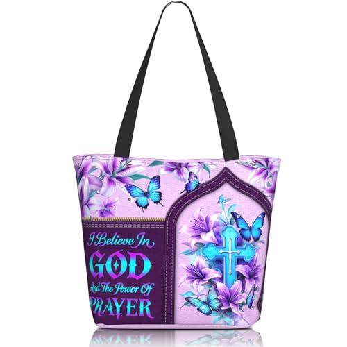 Bible Tote Bags for Women Christian Tote Bag Church Shoulder Bag Inspirational Bags With Zipper Christian Gift - color: I Believe in God