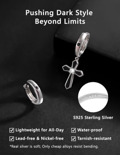 KRKC&CO Dangle Cross Earrings for Men, Sterling Silver Plated Black Drop - color: Silver-E