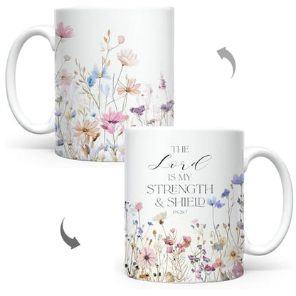 Christian Gifts for Women Ceramic Coffee Mug, Religious Gifts, Inspirational Scripture Coffee&Tea Mug, Bible Verse: The Loved is My Strength, Microwave and Dishwasher-safe (White-Little Flower)