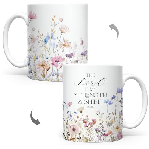 Christian Gifts for Women Ceramic Coffee Mug, Religious Gifts, Inspirational Scripture Coffee&Tea Mug, Bible Verse: The Loved is My Strength, Microwave and Dishwasher-safe (White-Little Flower)