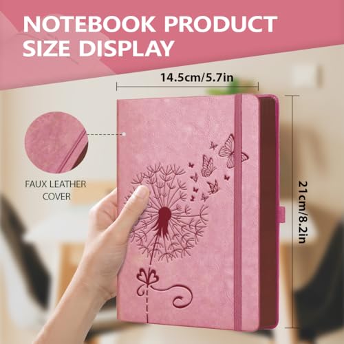 A5 Dandelion Butterfly Leather Journal, 300 Pages Lined Notebook, Pink Vintage Pattern Hardcover Notebook for Travel Diary, Business, Work and School Daily Writing - style: Dandelion