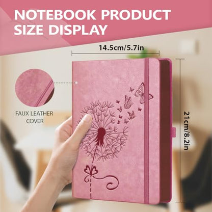 A5 Dandelion Butterfly Leather Journal, 300 Pages Lined Notebook, Pink Vintage Pattern Hardcover Notebook for Travel Diary, Business, Work and School Daily Writing - style: Dandelion