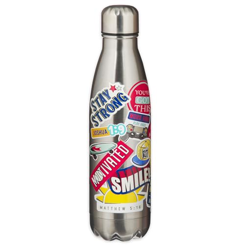 Christian Art Gifts Stainless Steel Double Wall Vacuum Sealed Insulated Water Bottle for Kids: Stay Strong Colorful Inspirational Bible Verses, Boys & Girls, Leak/Spill-proof, Silver Multicolor, 17 oz - color: Stay Strong/Silver