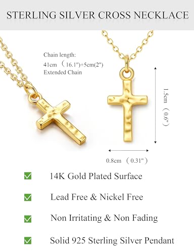 MILACOLATO 925 Sterling Silver Cross Necklace for Women, 14K Gold Plated Small Cross Pendant Choker Necklace, Dainty Hammered Cross Christian Baptism Religious Jewelry Gifts - color: 14K Gold Plated