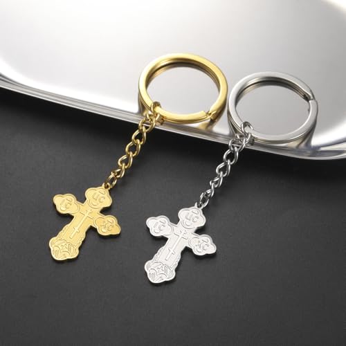 TEAMER Cross Keychain Russian Orthodox Crucifix Eastern Church Keychain Religious Christian Prayer Jewelry for Men Women - color: Silver