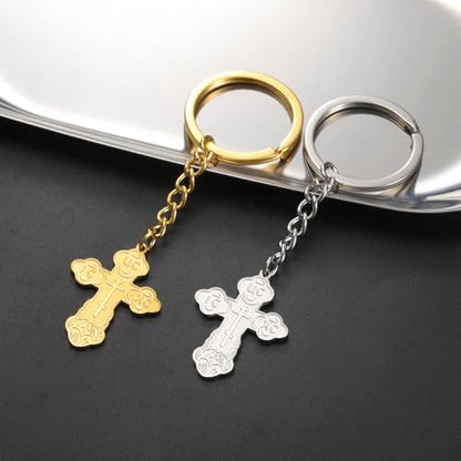 TEAMER Cross Keychain Russian Orthodox Crucifix Eastern Church Keychain Religious Christian Prayer Jewelry for Men Women - color: Silver