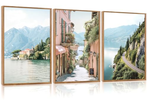 CHDITB Coastal Wall Art, Coastal Town Framed Canvas Poster, Mountain Lakeside Village Scenery Wall Decor, Modern Ocean Country Landscape Artwork for Living Room, Bedroom office decor 12"x16"x3 - color: Coastal City