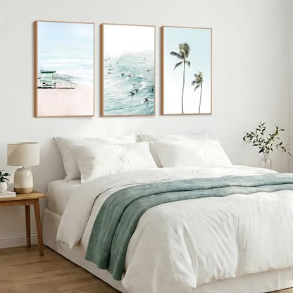 CHDITB Coastal Palm Tree Framed Wall Art, Seaside Beach Surfing Posters - color: Ocean, size: 24"L x 36"W