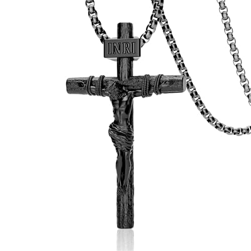Crucifix Cross Necklace for Men and Women with Exquisite Jesus Pendant and Stainless Steel Chain 16-30 Inch - color: Cool Black, size: 20 Inch=51CM(Women's Average Length), style: Medium Pendant-1.8"x1.1"