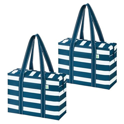 VENO 2 Pack Utility Tote Reusable Grocery Bags with Zipper & Hard Bottom - color: Classic Navy Stripe, size: 2 Pack