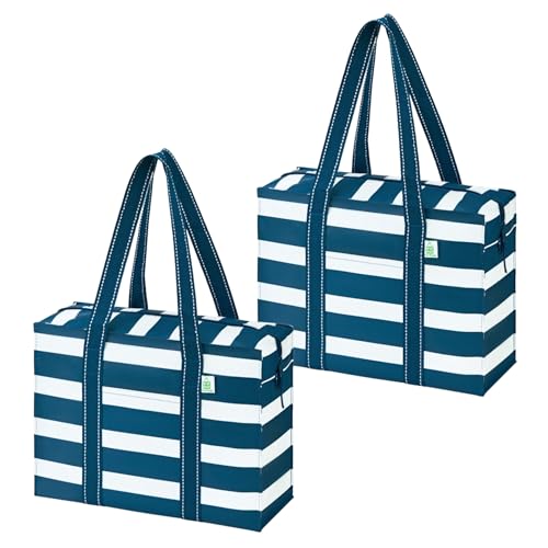 VENO 2 Pack Utility Tote Reusable Grocery Bags with Zipper & Hard Bottom - color: Classic Navy Stripe, size: 2 Pack