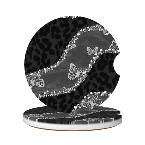 Car Coasters for Cup Holder 2 Pack - Black Leopard Butterfly - color: Black Leopard Butterfly