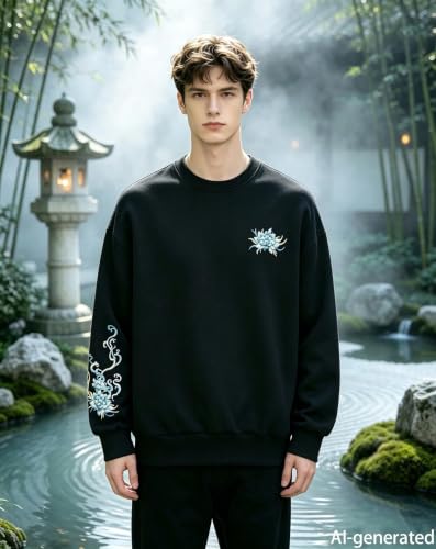 Niepce Inc Men's Embroidered Graphic Crewneck Sweatshirt - color: Black-blue Kirin, size: Large