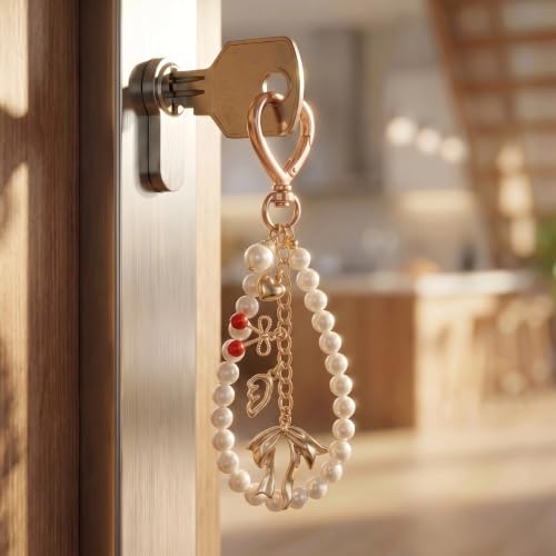 Cute Bag Charms Keychain - Pearl Keyring Wristlet Birthday Gifts - color: Gold Bow