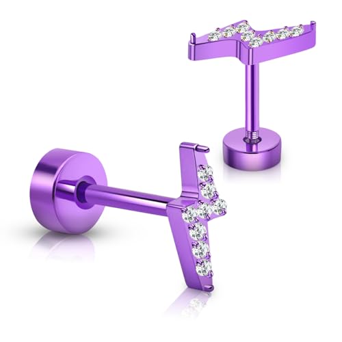 XUU 20G Flat Back Stud Earrings ASTM F136 Titanium & Sparkling CZ - color: purple lightning bolt