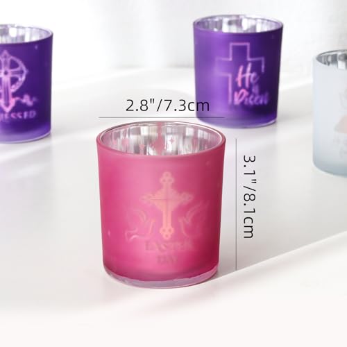 SHMILMH Easter Decorations for Religious Home Decor, He is Risen Decor Table Centerpiece, Christian Easter Decor Frosted Glass Votive Tealight Candle Holders Set of 4