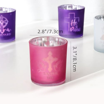 SHMILMH Easter Decorations for Religious Home Decor, He is Risen Decor Table Centerpiece, Christian Easter Decor Frosted Glass Votive Tealight Candle Holders Set of 4