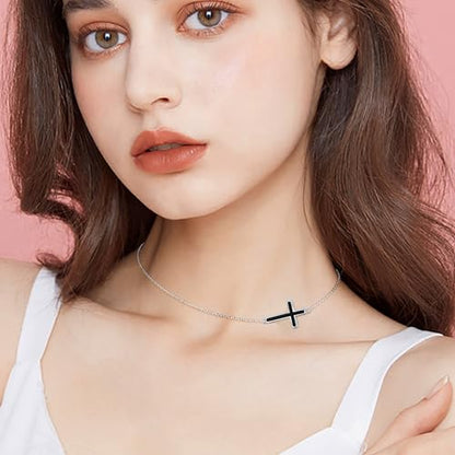 DAOCHONG S925 Sterling Silver Sideways Cross Choker Necklace 14+4 Inch - color: Silver-Black