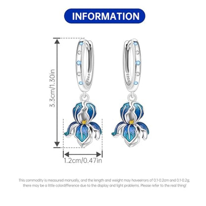 925 Sterling Silver Drop & Dangle Earrings for Women,Butterfly Dragonfly and Bee|Flower and leaf Earrings, Suitable for Sensitive Ears Fashion Jewelry Gift- Hypoallergenic Earrings - color: Blue Iris