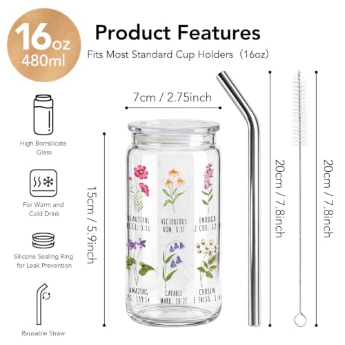 Wildflower Gifts for Christian Women 16 oz Glass Cups with Lids and Straws, Inspirational Scripture Coffee Cup Tumbler for Friends, Mothersday Baptism Birthday Religious Graduation Gifts for Mom Teens