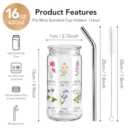 Wildflower Gifts for Christian Women 16 oz Glass Cups with Lids and Straws, Inspirational Scripture Coffee Cup Tumbler for Friends, Mothersday Baptism Birthday Religious Graduation Gifts for Mom Teens