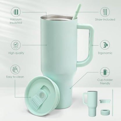 SANDJEST Mint 40oz Tumbler with Handle and Straw, Insulated Stainless Steel Travel Coffee Mug for Women Girls, Gift Idea for Birthday Christmas Mothers Day - color: Green