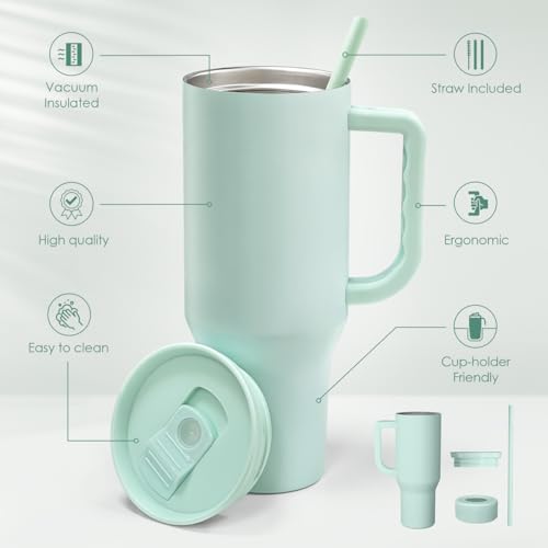 SANDJEST Mint 40oz Tumbler with Handle and Straw, Insulated Stainless Steel Travel Coffee Mug for Women Girls, Gift Idea for Birthday Christmas Mothers Day - color: Green
