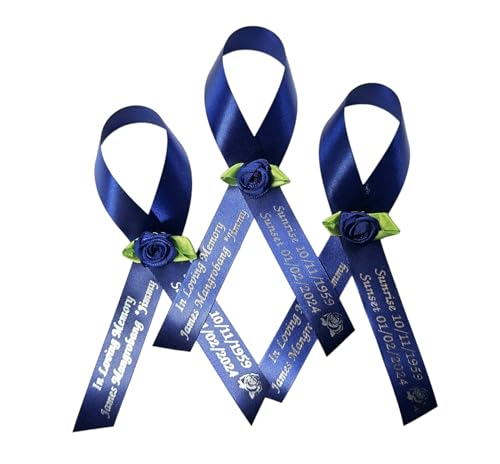 Personalized Memorial Service Funeral Ribbon Pins 20 Cross Religious Celebration of Life Custom Made Awareness Remembrance Anniversary Death Cross Sympathy Name Angel - color: Royal Blue