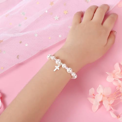 Pearl Cross Bracelets for Girls, Sterling Silver Baby Bracelet, Baptism Gifts for Girl, Christening and First Communion Christian Jewelry Gift for Kids