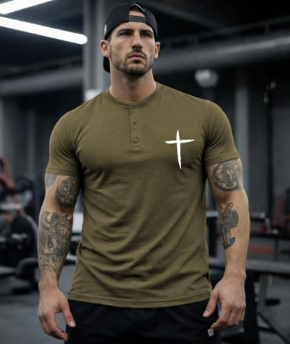 KESIHAN Christian Henley T Shirts for Men Cross Graphic Faith Casual Tee - color: Armygreen-6, size: Small