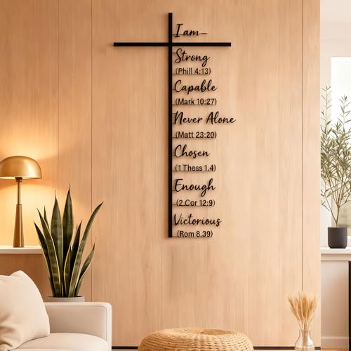 Metal Cross Wall Art with Inspiring Bible Verse - "I Am Strong, Powerful, Never Alone..." Christian Rustic Home Decor, Farmhouse Jesus Wall Art for Living Room, Unique Easter Christmas Gift (12"x8")