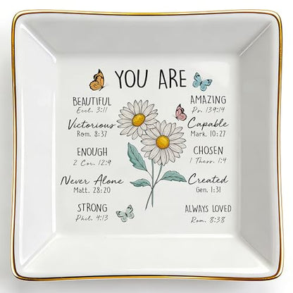 PUDDING CABIN Birthday Gifts for Women, Daisy Scripture Jewelry Dish, Christian Gifts - style: Daisy: Purity, Innocence, Loyal Love(April Birth Flower )