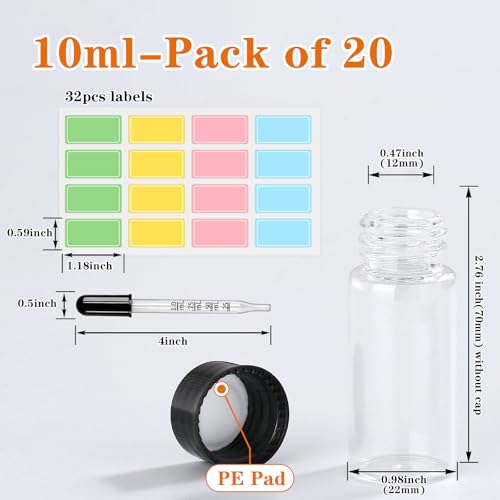 10ml 20pcs Clear Small Glass Vials with Screw Cap (with Droppers & Lables) - size: 10ml 20pcs
