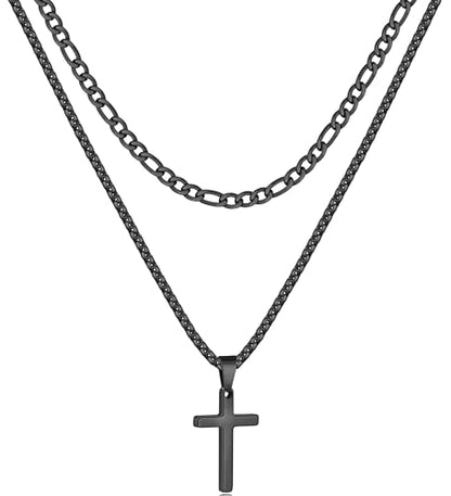 Fiusem 2 Pcs Cross Necklace Chain for Men, Stainless Steel Pendant - color: Black, size: 22/24 Inches