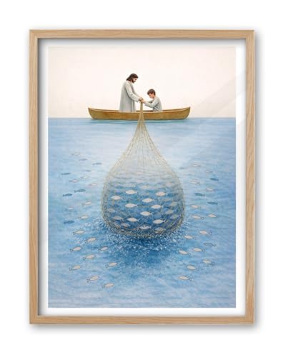 iHery 16x20in Miraculous Catch of Fish Framed Christian Wall Art - color: OAK Framed Fish, size: 20"L x 16"W