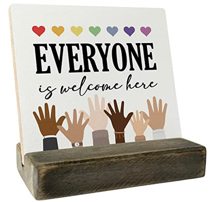 Gkwa Mini Wood Plaque, Everyone is Welcome Here, 4 x 4.3 inches, Wood Sign Plaque Gift, Desk Sign, LGBT Pride, Black Lives Matter, Diversity, Equality, Classroom Sign - color: Everyone 01