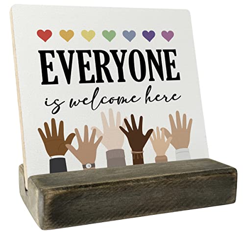 Gkwa Mini Wood Plaque, Everyone is Welcome Here, 4 x 4.3 inches, Wood Sign Plaque Gift, Desk Sign, LGBT Pride, Black Lives Matter, Diversity, Equality, Classroom Sign - color: Everyone 01