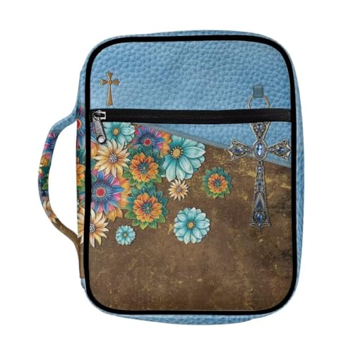 Coldinair Floral Cross Bible Cover for Women,Canvas Carrying Book Case Church Bag Bible Holder with Handle and Zippered Pocket - color: Floral Cross