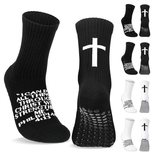 Glitopper Men's Cross Grip Soccer Socks Christian - color: Black, style: Philippians 4:13