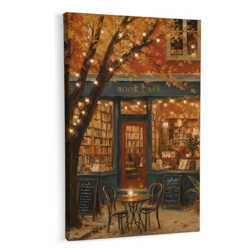 HIWX Cozy Fall Autumn Bookstore Wall Art Decor Framed Canvas Painting 16x24 - color: bookstore, size: 24"L x 16"W