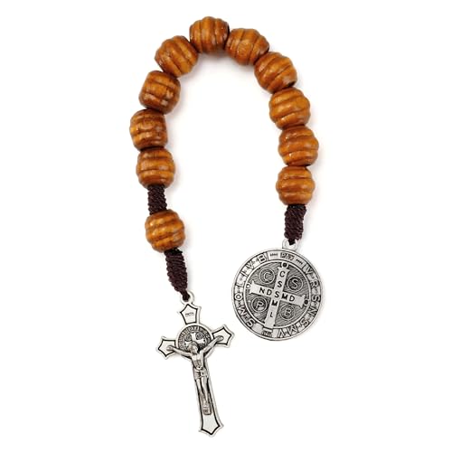 8 Inch Wooden Pocket Rosary for Men, Rosario with Saint Benedict Medal - color: Silver